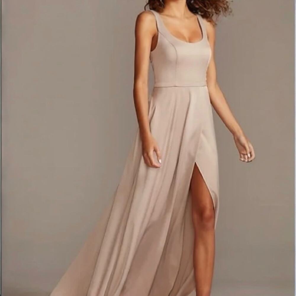 Satin Scoop Neck Formal Maxi Dress With Crepe Low Back By David’s Bridal - Picture 9 of 11